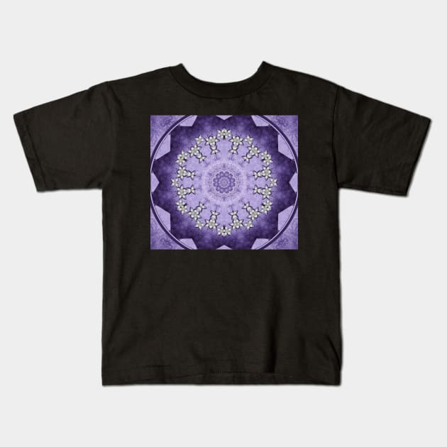 Silver flowers on deep purple textured mandala disc Kids T-Shirt by hereswendy